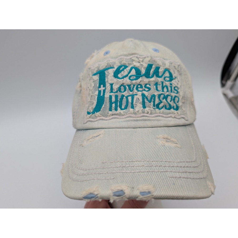 KBETHOS Vintage Jesus Loves This Hot Mess Distressed Denim Baseball Cap Hat Blue